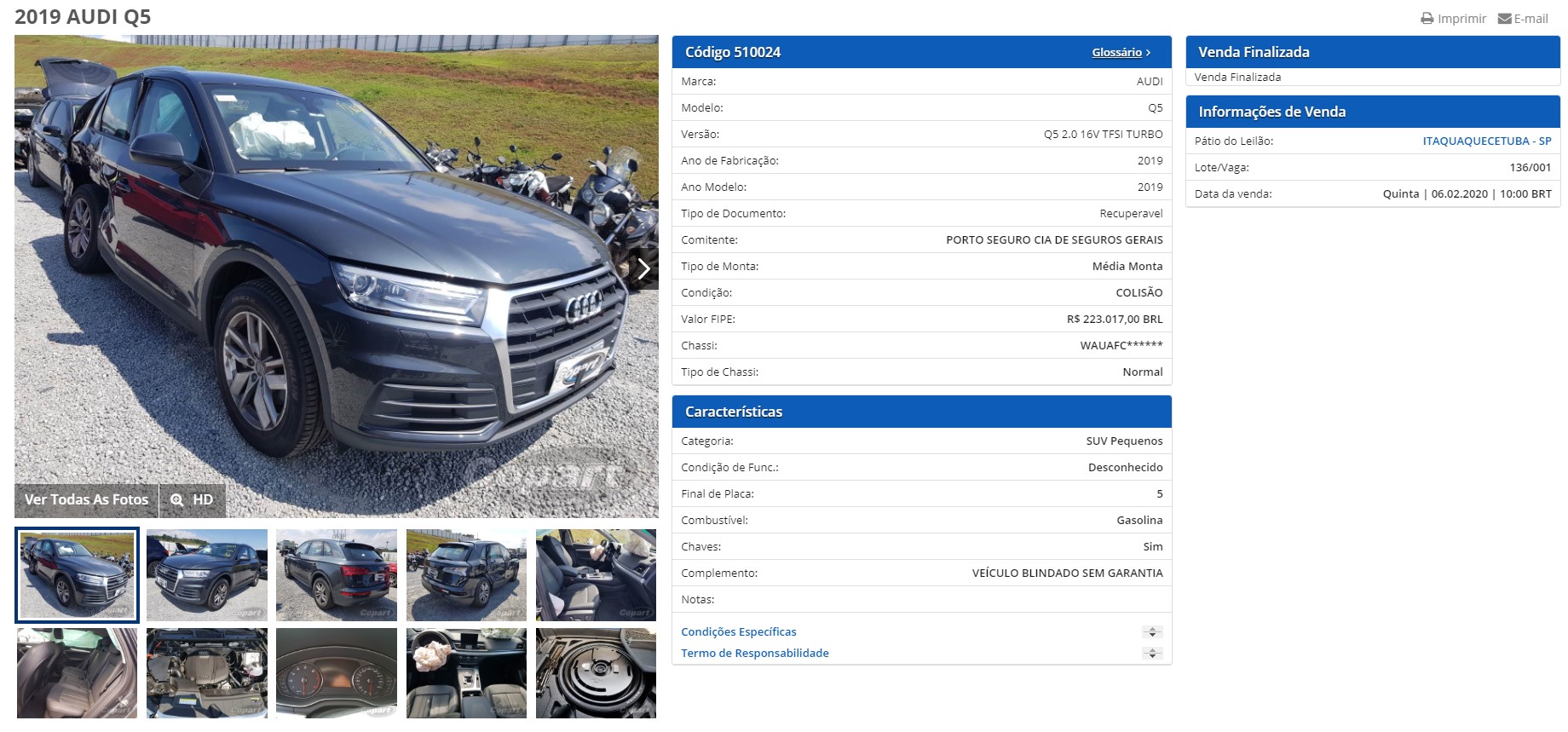 Copart Detalhes do Lote